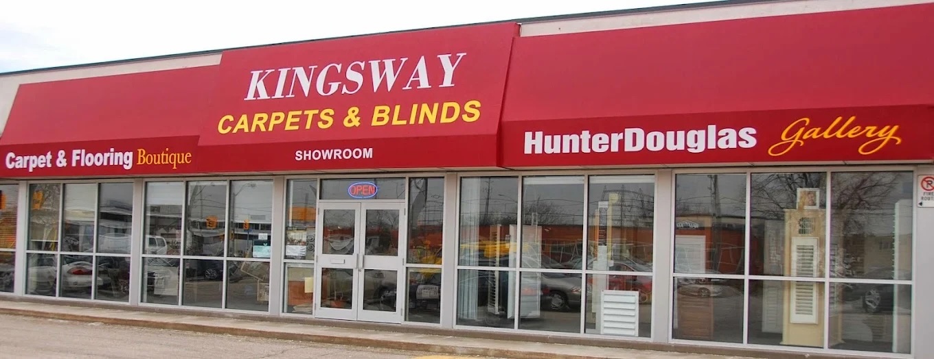 The Kingsway Carpets & Blinds storefront on The East Mall, Etobicoke