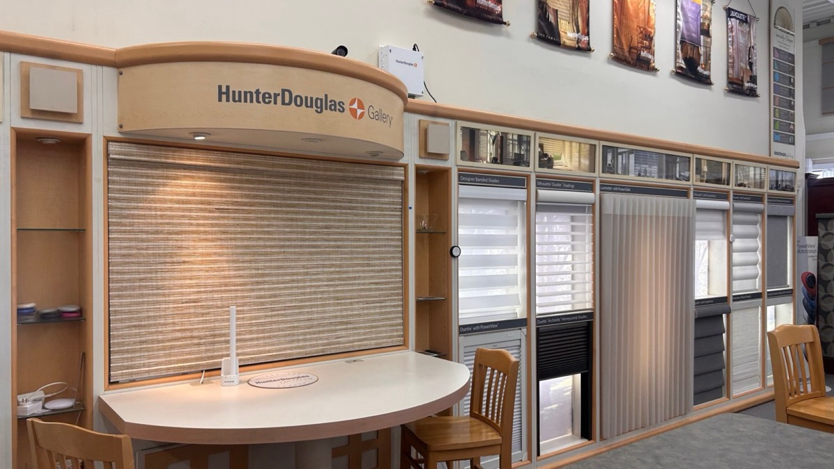 The Hunter Douglas Gallery wall in the Kingsway showroom, with working blinds and shades on display